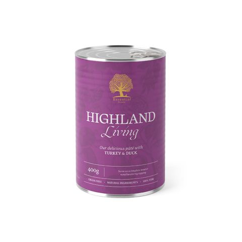 ESSENTIAL Highland Living, XS-XL, Curcan și Rață, conservă hrană umedă fără cereale câini, (pate), 400g
