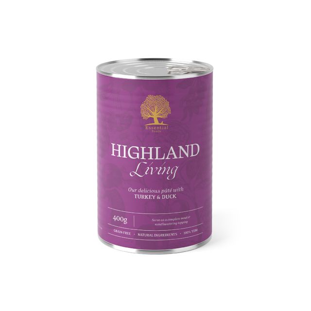 ESSENTIAL Highland Living, XS-XL, Curcan și Rață, conservă hrană umedă fără cereale câini, (pate), 400g