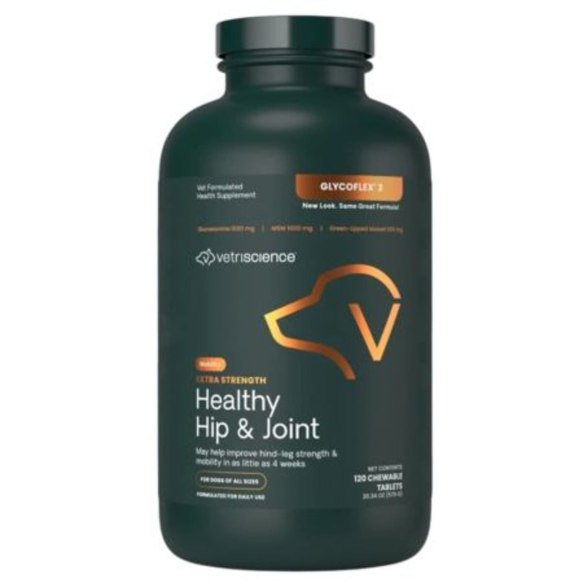 VETRISCIENCE Extra Strength Healthy Hip & Joint (Glycoflex stage3), supliment sistem articular câini, comprimate masticabile VETRISCIENCE Extra Strength Healthy Hip & Joint (Glycoflex stage3), XS-XL, supliment sistem articular câini, flacon, 120 comprima