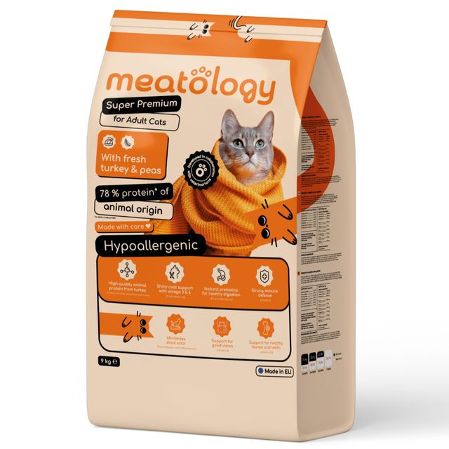 MEATOLOGY Adult Cats, Curcan și Mazăre, hrană uscată pisici, 9kg