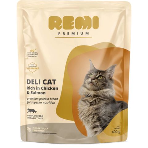 REMI PREMIUM Deli, Pui și Somon, hrană uscată pisici, 400g