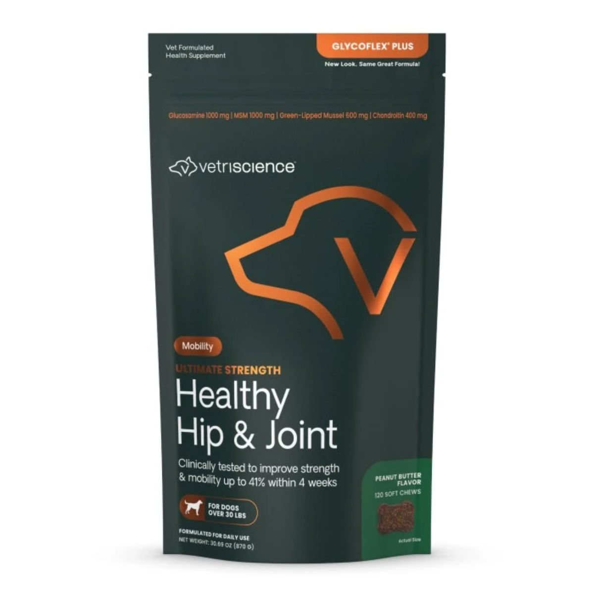 VETRISCIENCE Ultimate Strength Healthy Hip & Joint (Glycoflex Plus), supliment sistem articular câini, Rață, comprimate masticabile VETRISCIENCE Ultimate Strength Healthy Hip & Joint (Glycoflex Plus), M-XL, supliment sistem articular câini, Rață, punguță