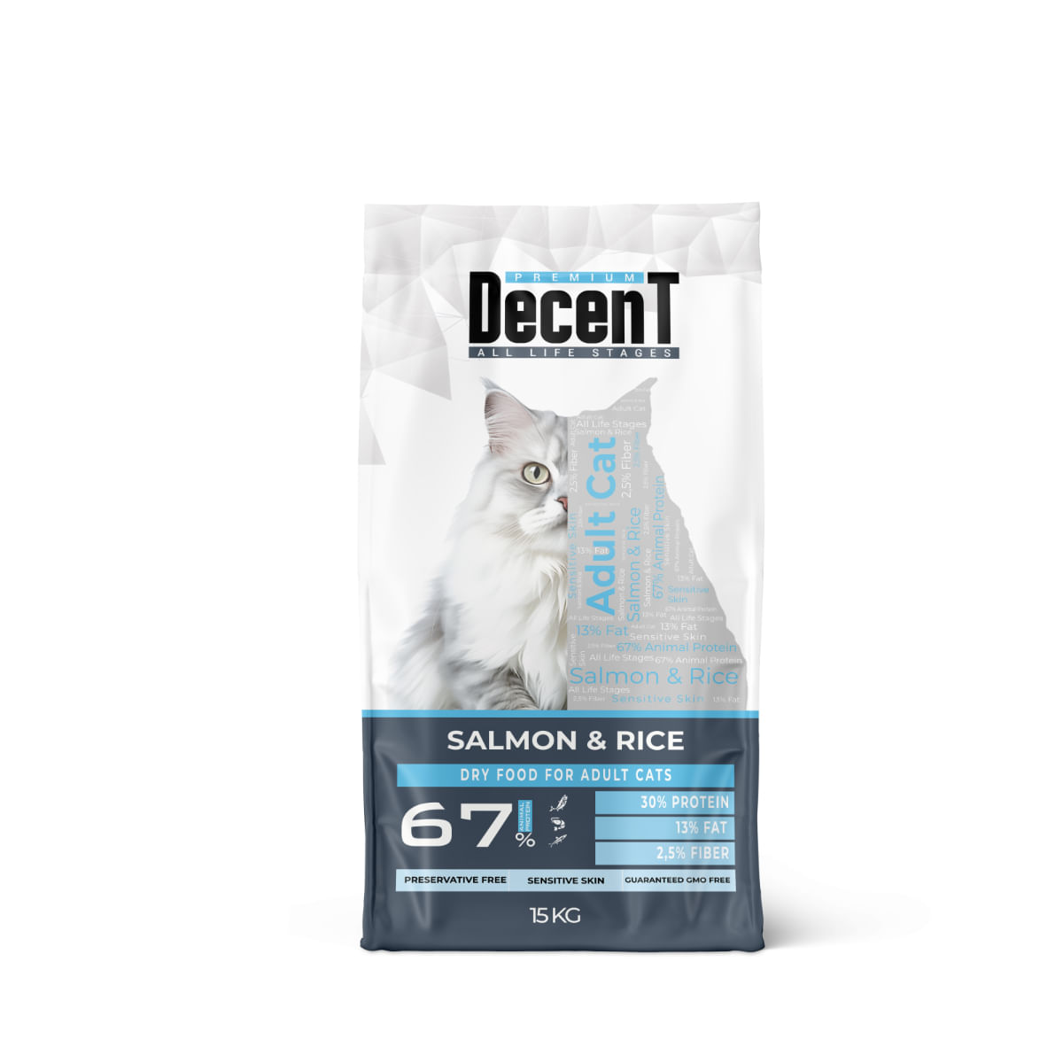 DECENT Sensitive Skin, Somon și Orez, hrană uscată pisici, piele &amp; blană, 15kg