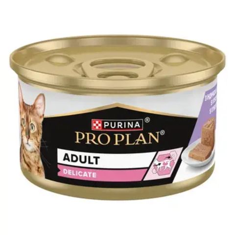 PURINA Pro Plan Delicate Digestion, Curcan, conservă hrană umedă pisici, sistem digestiv, (pate), 85g