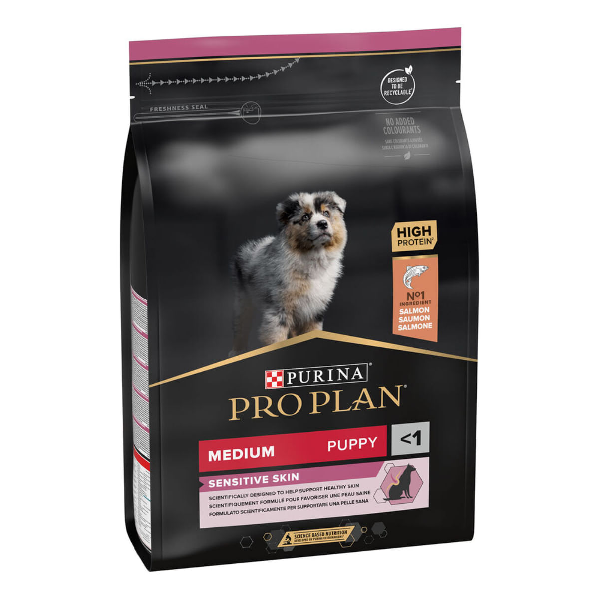 PURINA Pro Plan Sensitive Skin Medium Puppy, M, Somon, hrană uscată câini junior, piele &amp; blană, 3kg