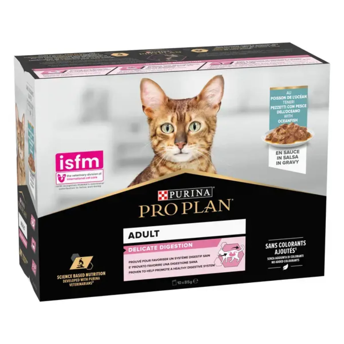 PURINA Pro Plan Delicate Digestion, Pește, plic hrană umedă pisici, sistem digestiv, (în sos), multipack, 85g x 10buc