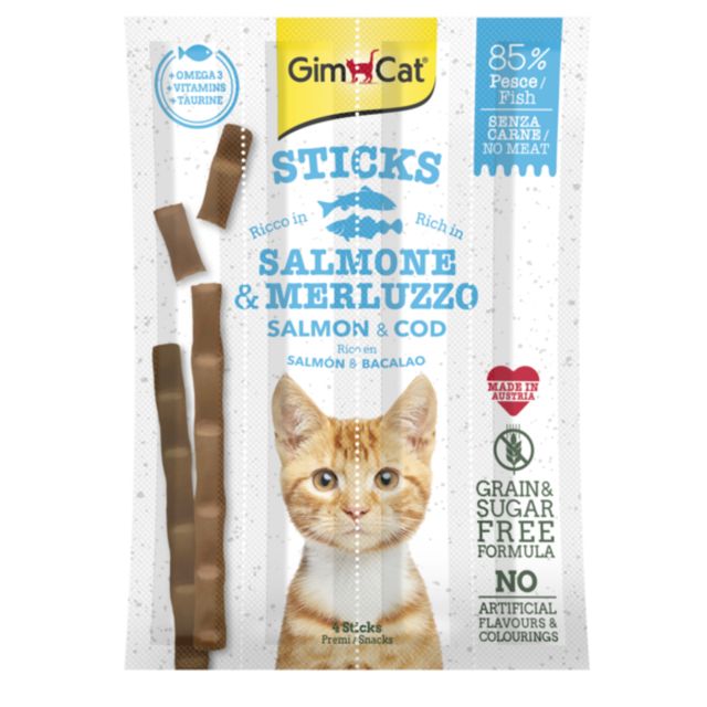 GIMCAT Sticks, Somon și Cod, punguță recompense fără cereale pisici, 20g