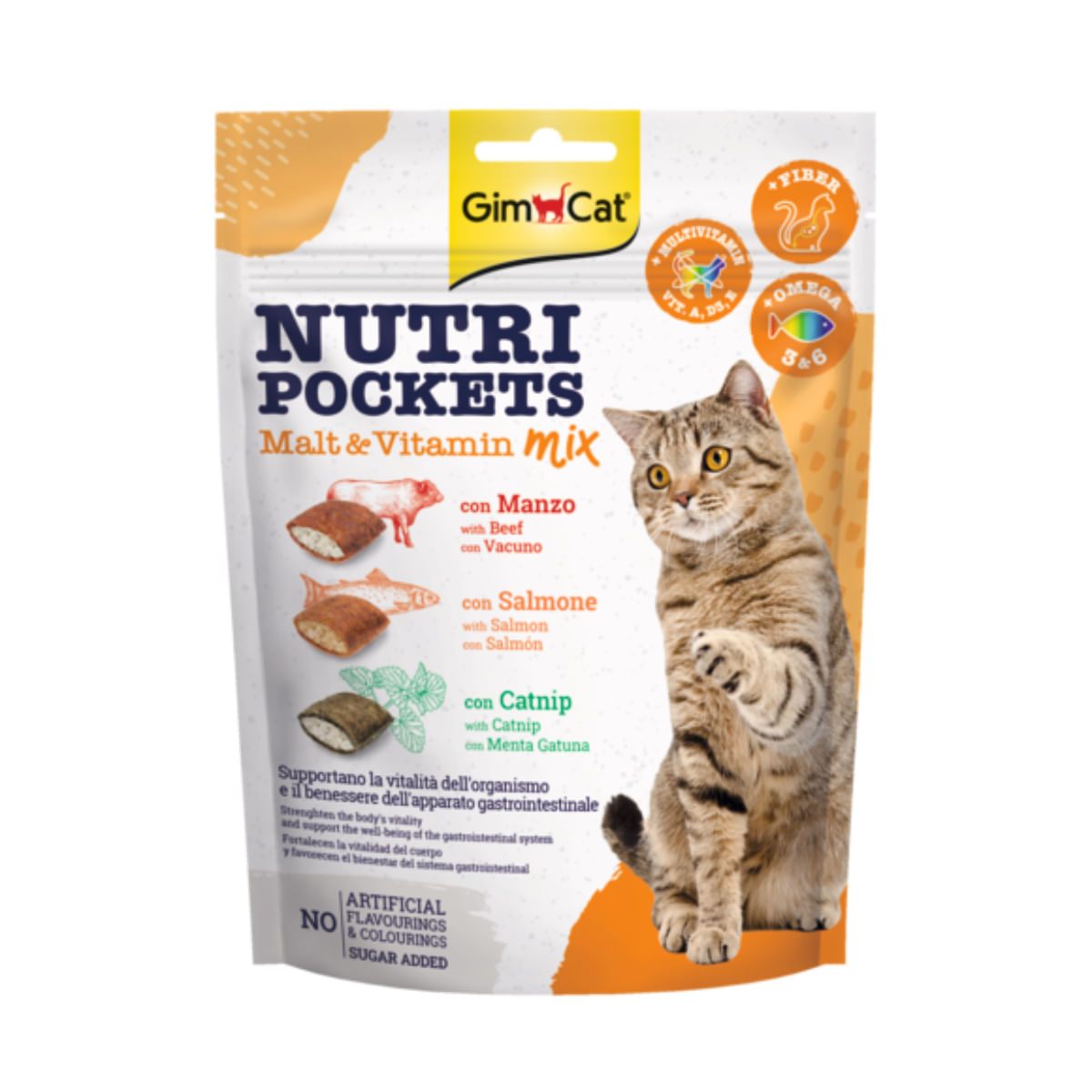 GIMCAT Nutri Pockets Malt &amp; Vitamine Mix, Catnip, Vițel și Somon, punguță recompense funcționale pisici, 150g
