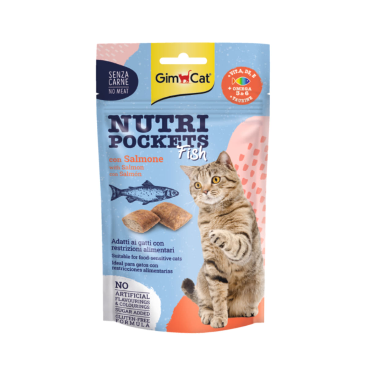 GIMCAT Nutri Pockets Fish, Pește și Somon, punguță recompense pisici, 60g