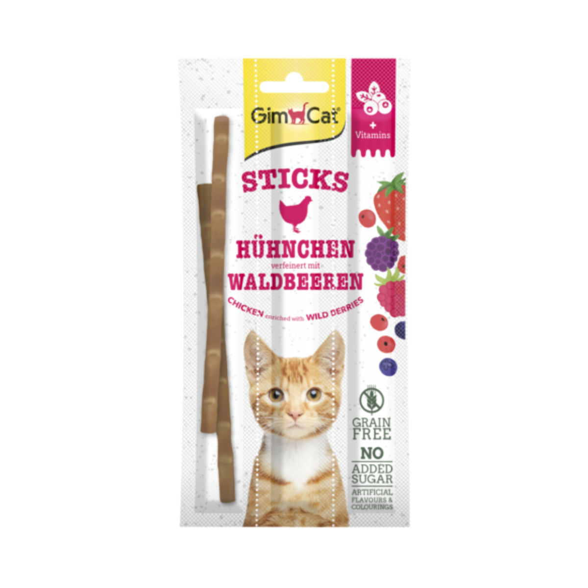 GIMCAT Sticks, Pui și Fructe, punguță recompense fără cereale pisici, 20g