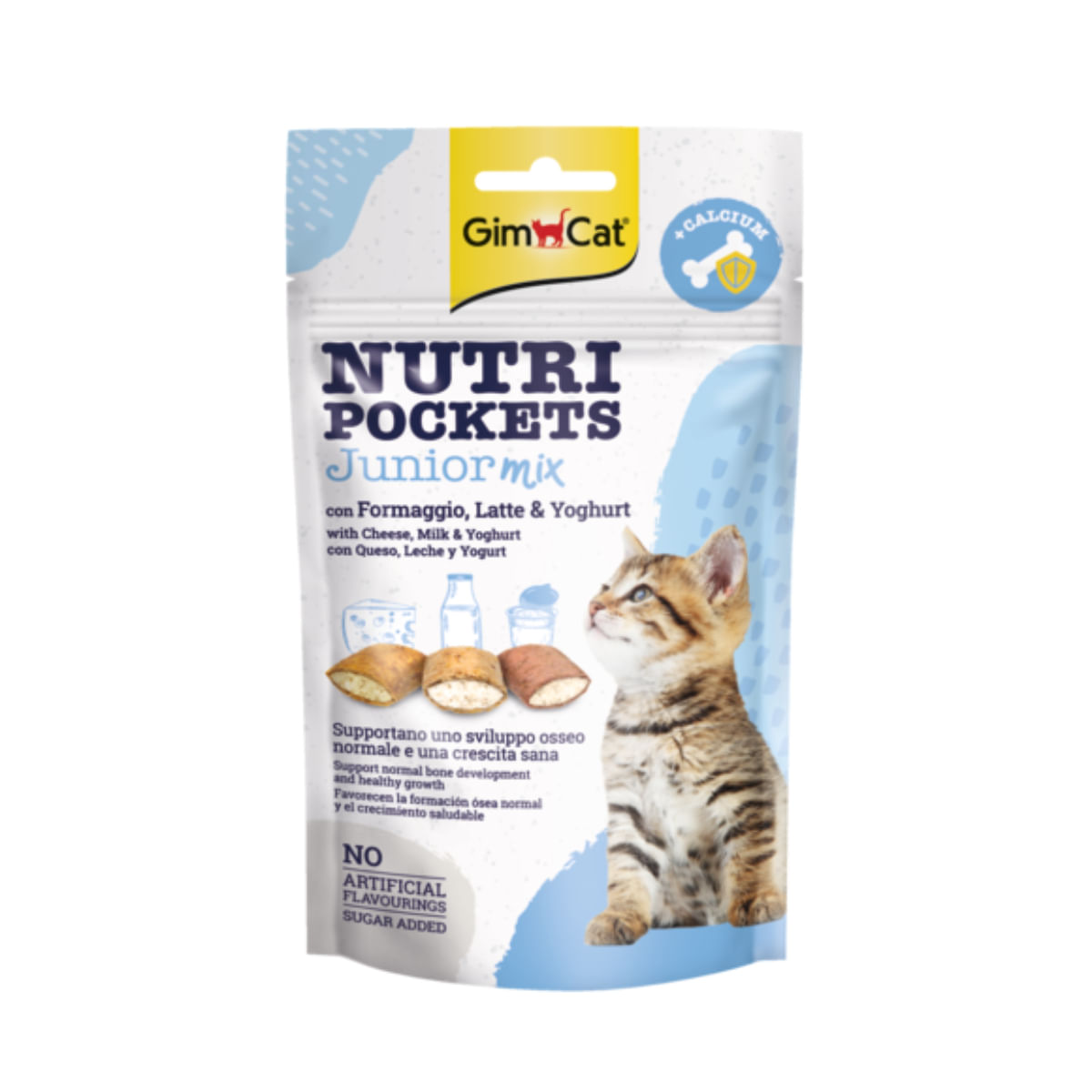 GIMCAT Nutri Pockets Junior Mix, Brânză și Lapte, punguță recompense pisici junior, 60g
