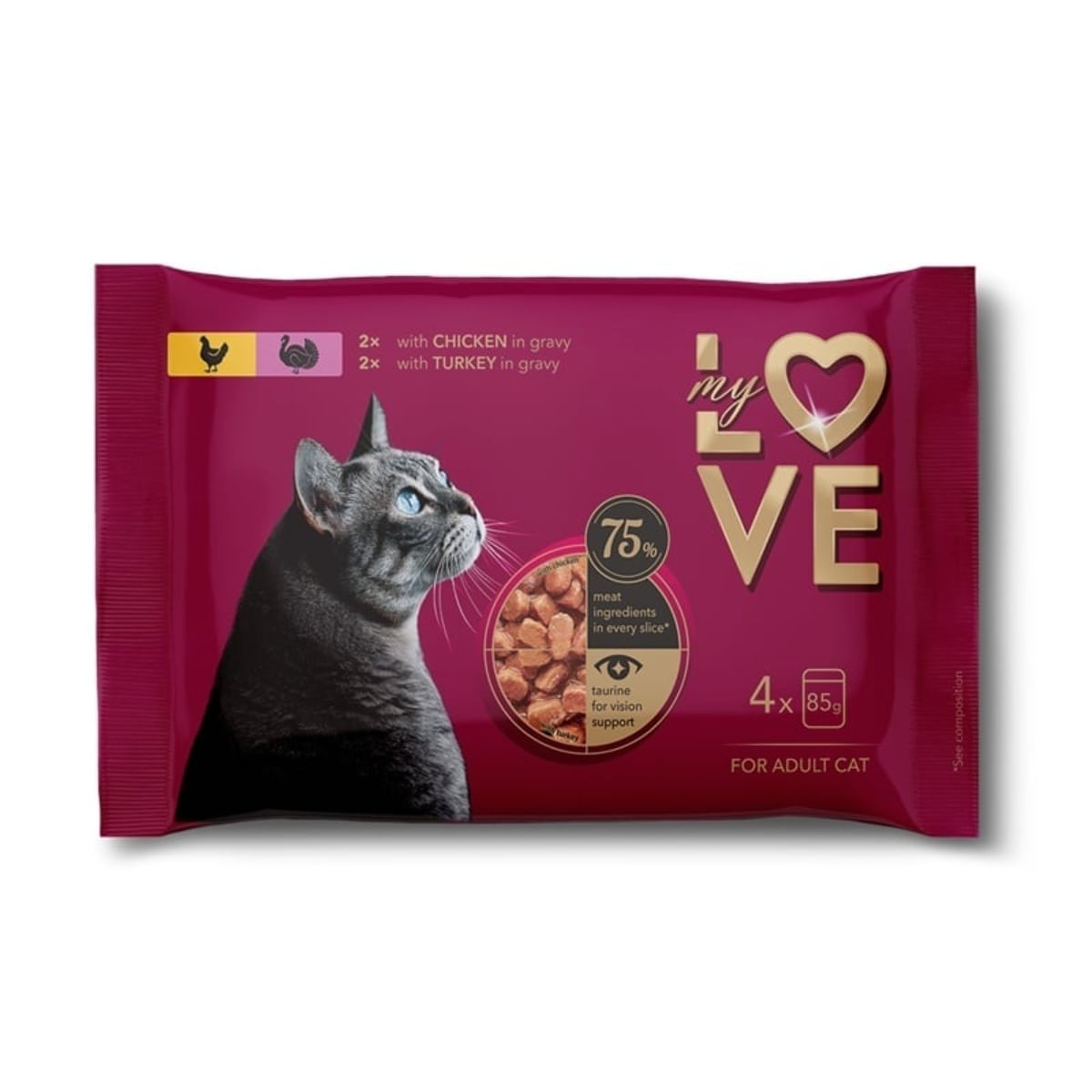 MY LOVE, Pui și Curcan, plic hrană umedă pisici, (în sos), multipack, 85g x 4buc