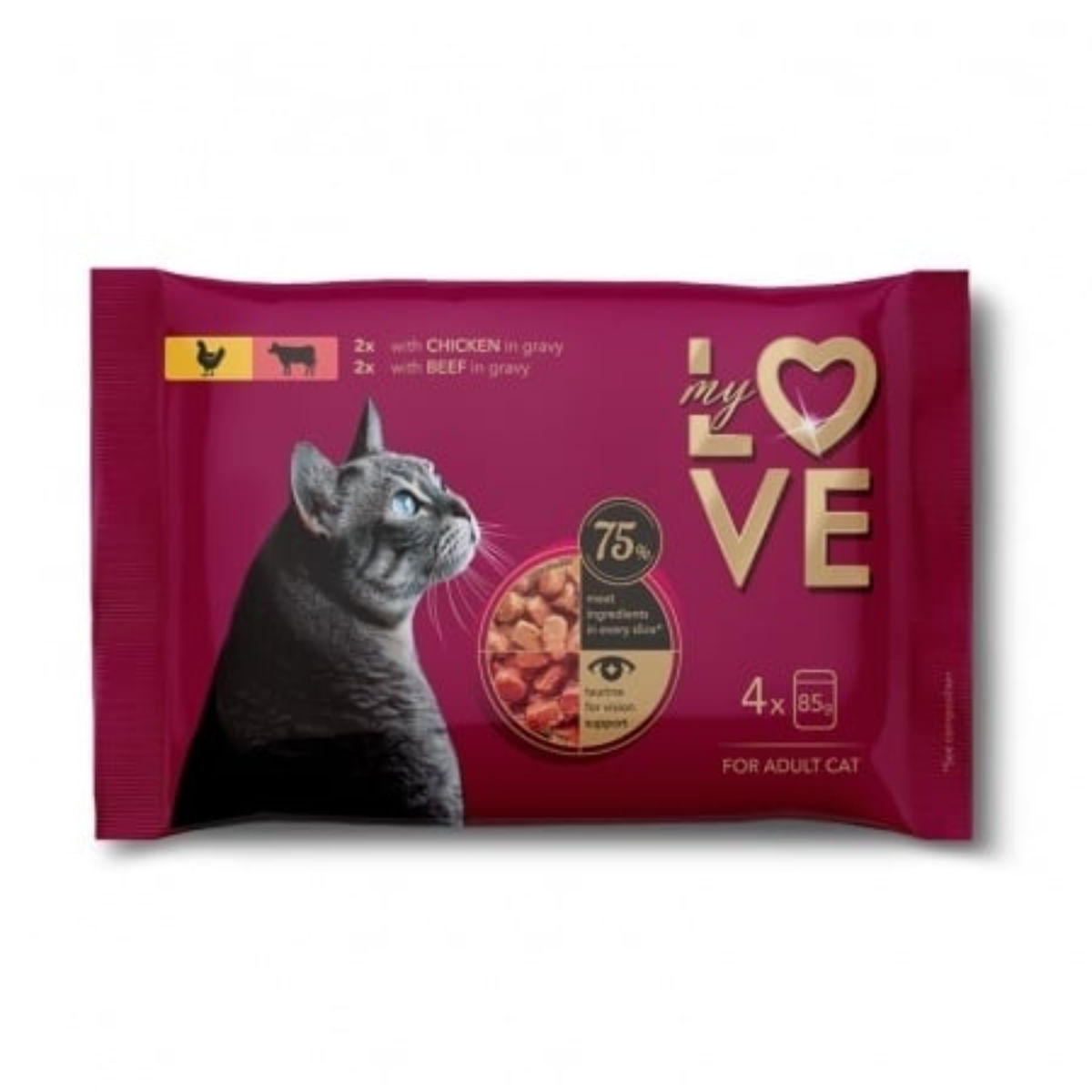 MY LOVE, Pui și Vită, plic hrană umedă pisici, (în sos), multipack, 85g x 4buc