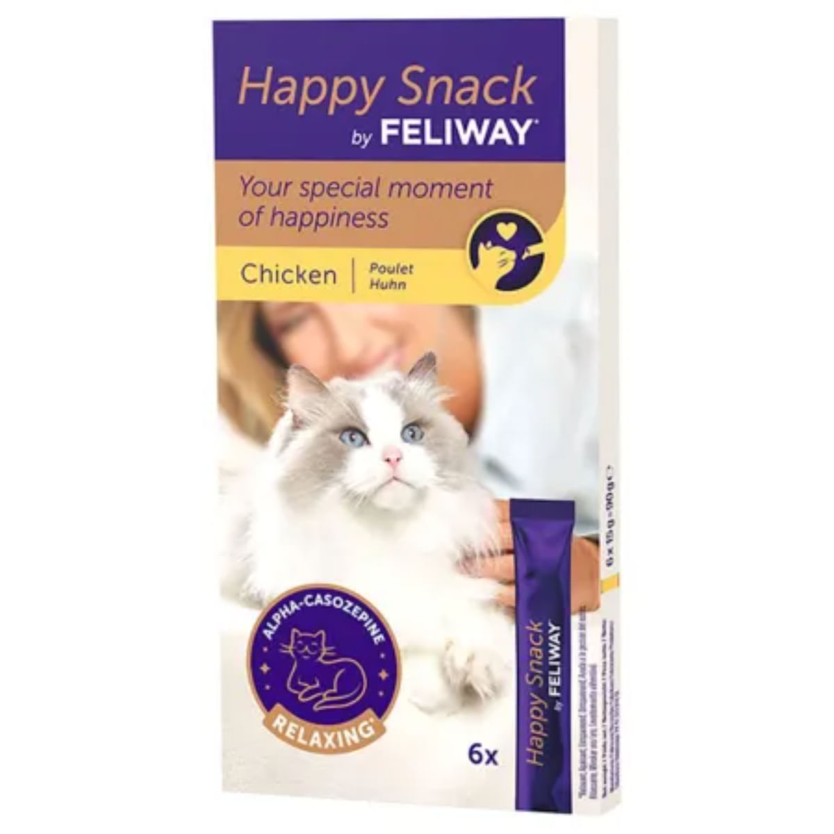 FELIWAY Happy Snack, Pui, plic recompense funcționale pisici, sistem nervos &amp; calmante, (topping), 15g x 6buc