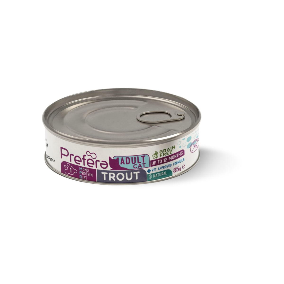 PREFERA MPD, Păstrăv, dietă veterinară, conservă hrană umedă monoproteică fără cereale pisici, (în suc propriu), 85g