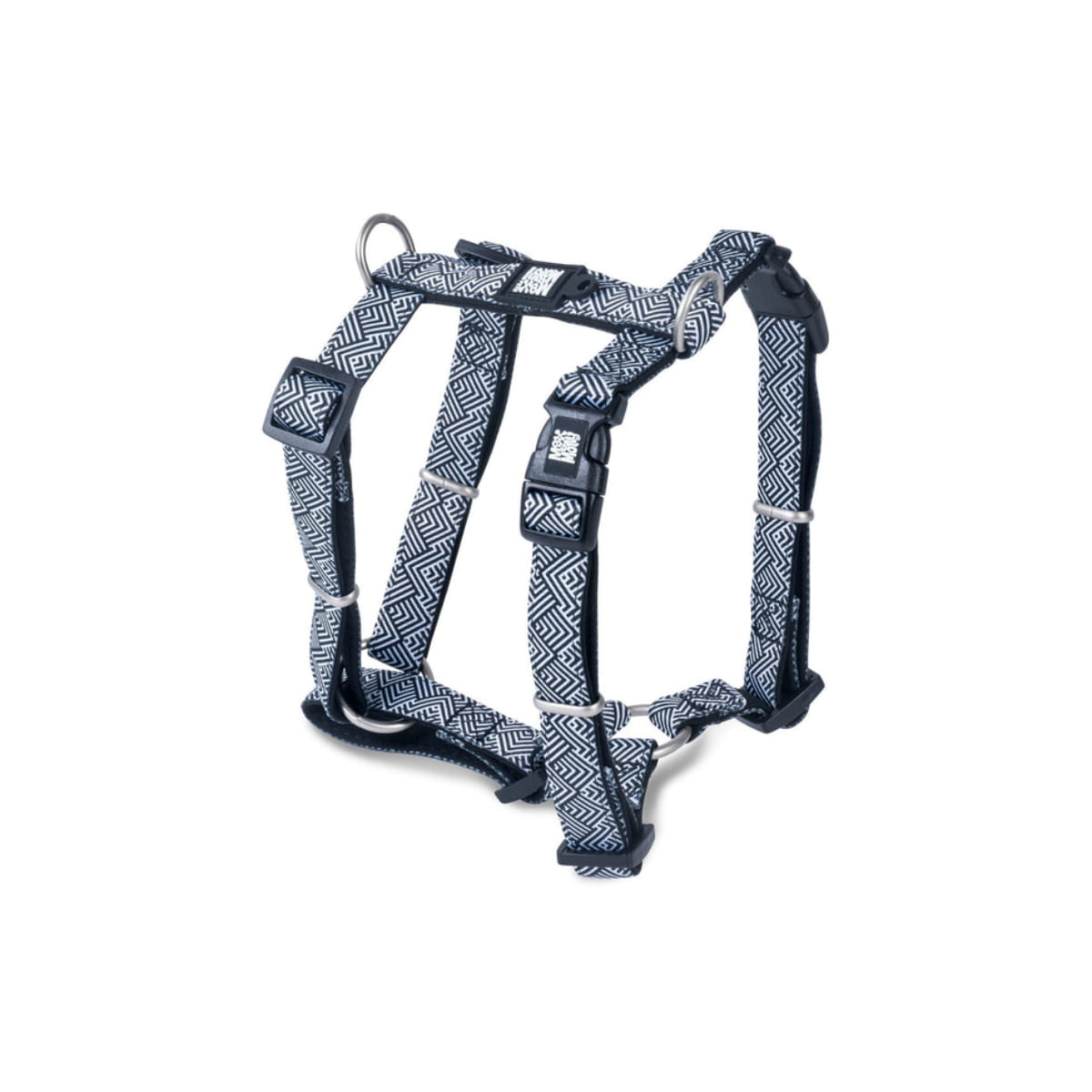 MAX &amp; MOLLY Mykonos Black, ham prindere dublă(piept&amp;spate) câini, ajustabil, poliester, alb și negru, cataramă trident, L(76 - 105 x 2.5cm)