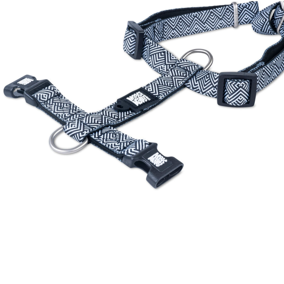 MAX &amp; MOLLY Mykonos Black, ham prindere dublă(piept&amp;spate) câini, ajustabil, poliester, alb și negru, cataramă trident, L(76 - 105 x 2.5cm)