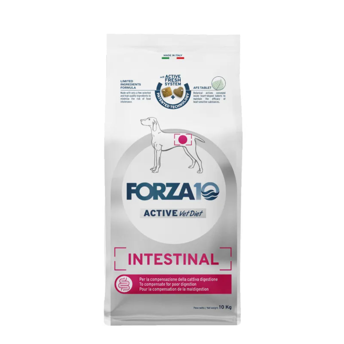 FORZA10 Active VetDiet Intestinal, XS-XL, Pește, dietă veterinară, hrană uscată monoproteică câini, sistem digestiv, 10kg