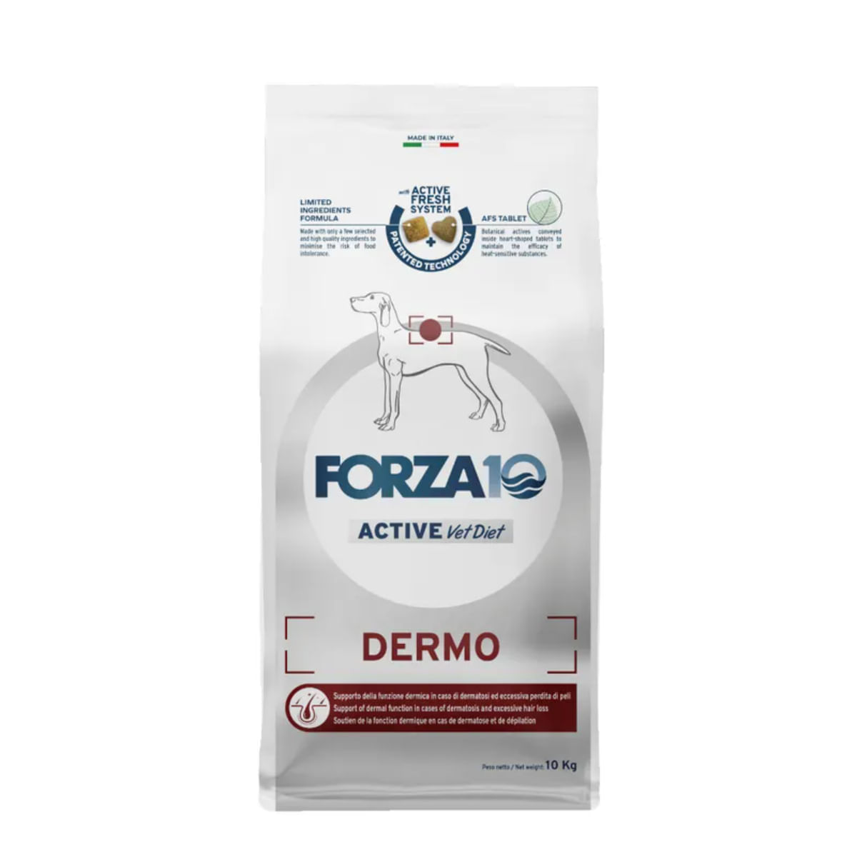 FORZA10 Active VetDiet Dermato, XS-XL, Pește, dietă veterinară, hrană uscată monoproteică câini, piele &amp; blană, 10kg