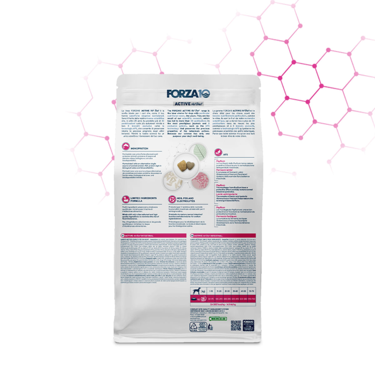 FORZA10 Active VetDiet Intestinal, XS-XL, Pește, dietă veterinară, hrană uscată monoproteică câini, sistem digestiv, 10kg