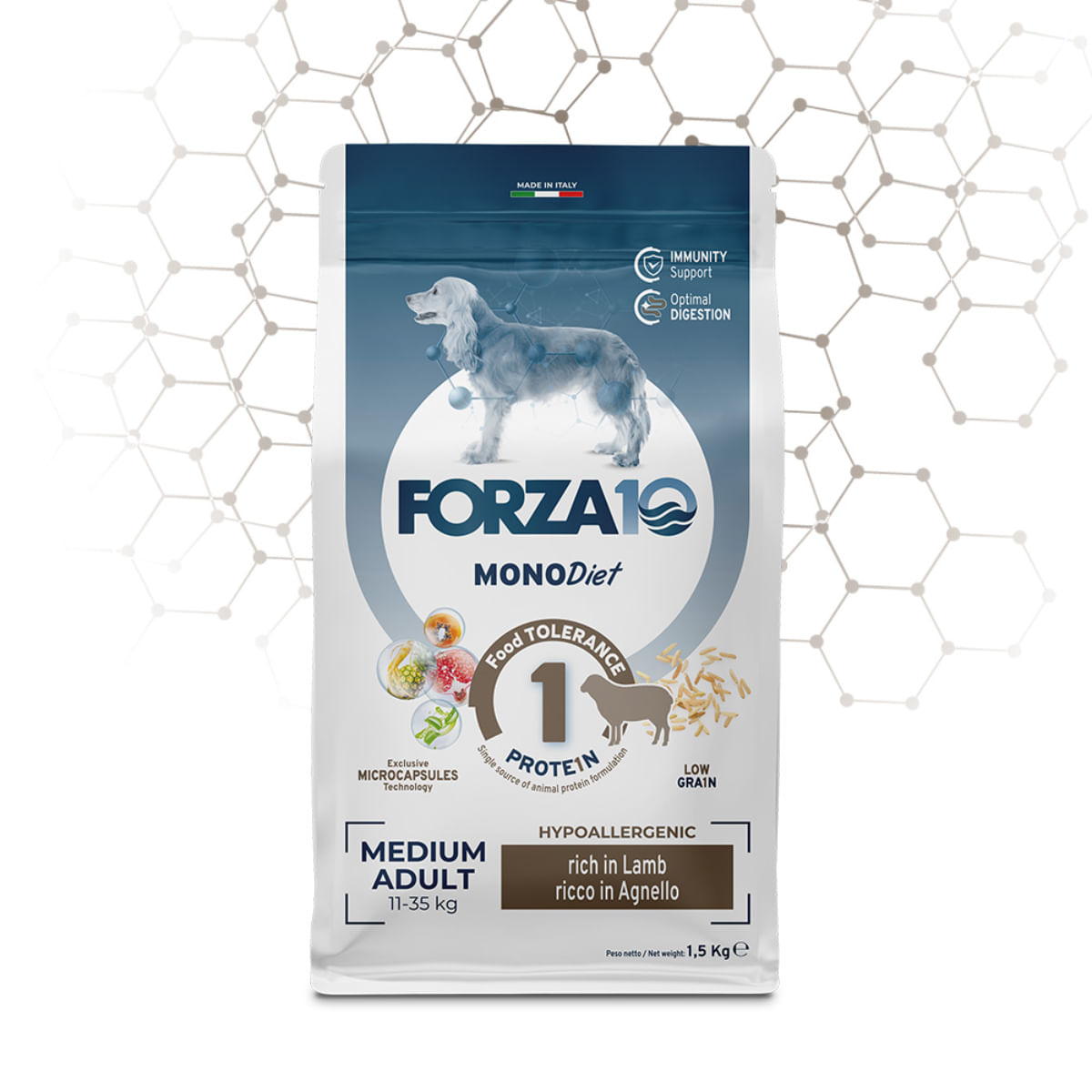 FORZA10 Monodiet Medium Adult, M, Miel, dietă veterinară, hrană uscată monoproteică câini, alergii, 12kg