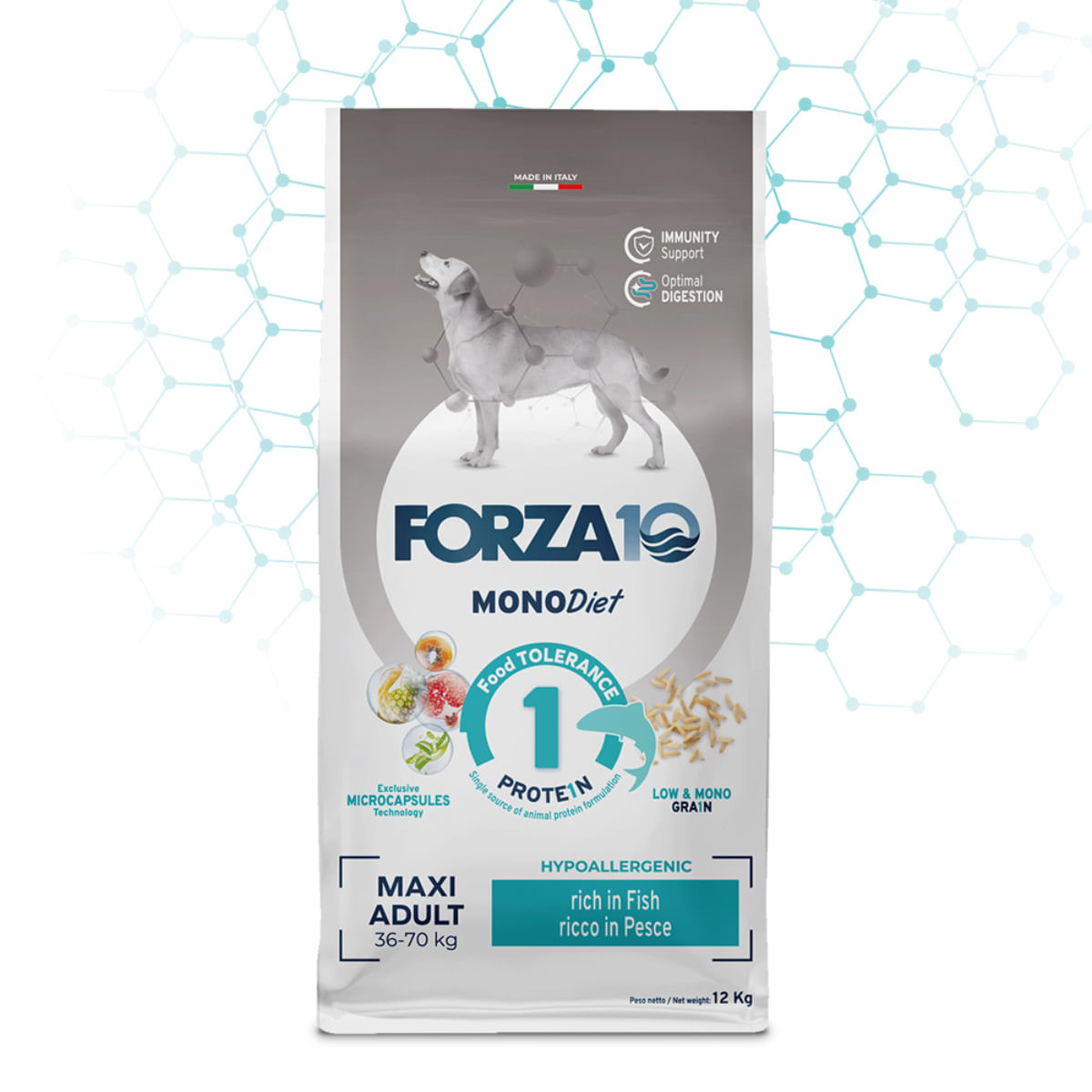 FORZA10 Monodiet Maxi Adult, L-XL, Pește, dietă veterinară, hrană uscată monoproteică câini, alergii, 12kg