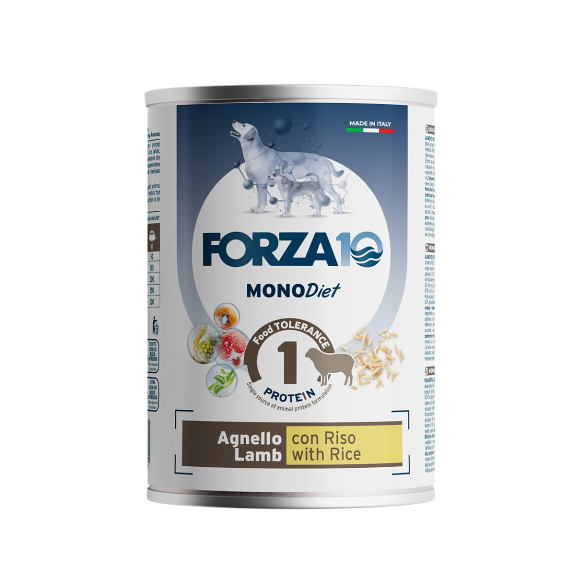 FORZA10 Monodiet, XS-XL, Miel și Orez, dietă veterinară, conservă hrană umedă monoproteică câini, alergii, (pate), 400g