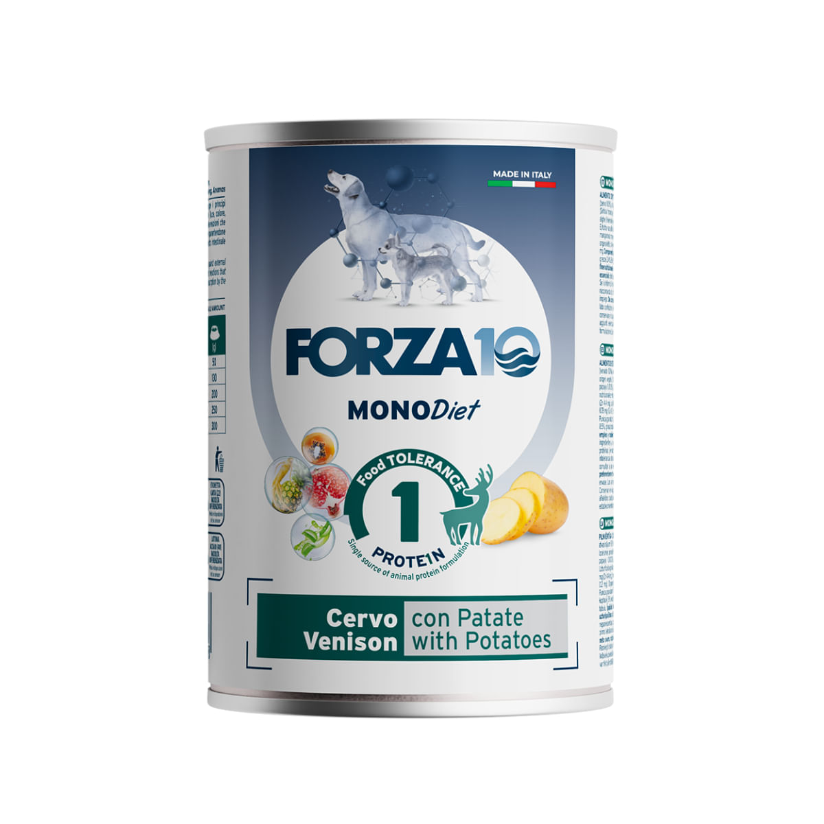 FORZA10 Monodiet, XS-XL, Căprioară și Cartofi, dietă veterinară, conservă hrană umedă monoproteică câini, alergii, (pate), 400g