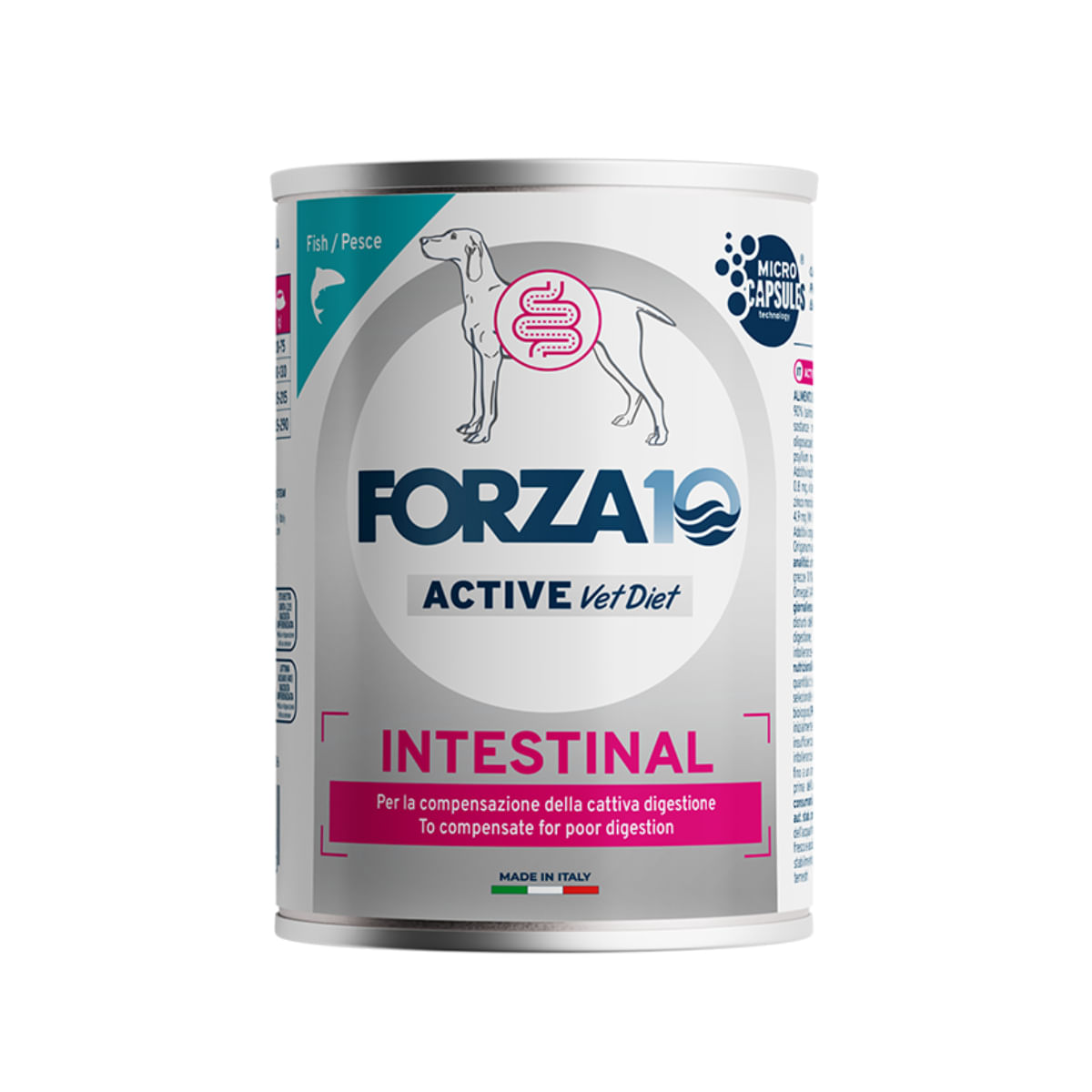FORZA10 Active VetDiet Intestinal, XS-XL, Pește, dietă veterinară, conservă hrană umedă câini, sistem digestiv, (pate), 390g