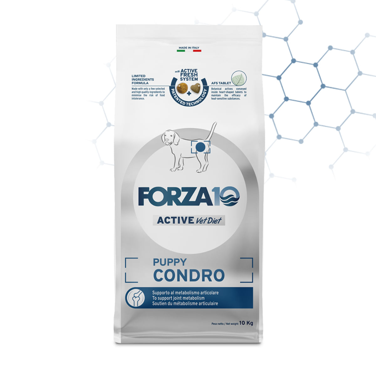 FORZA10 Active VetDiet Chondro Puppy, XS-XL, Pește, dietă veterinară, hrană uscată monoproteică câini junior, sistem articular, 10kg