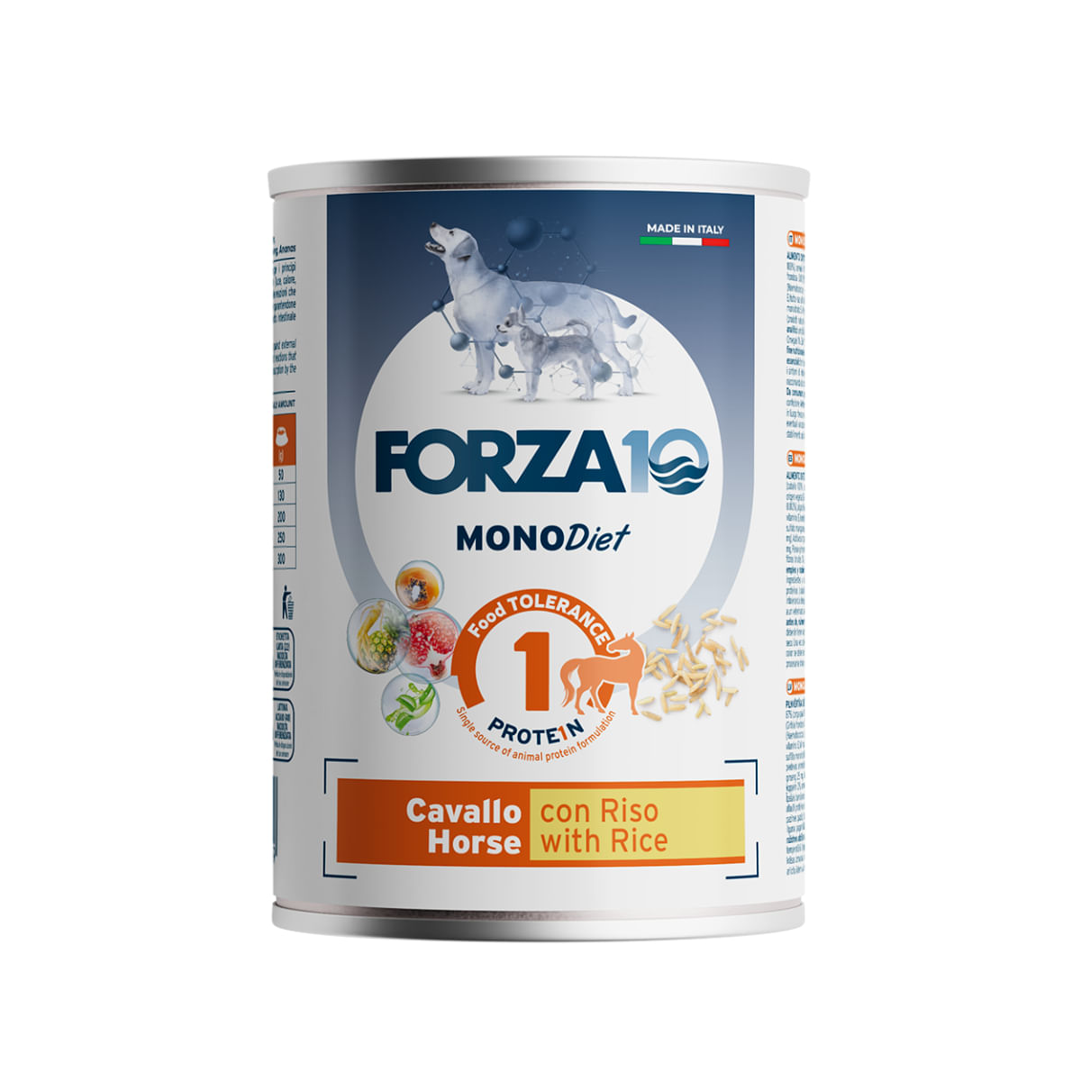 FORZA10 Monodiet, XS-XL, Cal și Orez, dietă veterinară, conservă hrană umedă monoproteică câini, alergii, (pate), 400g