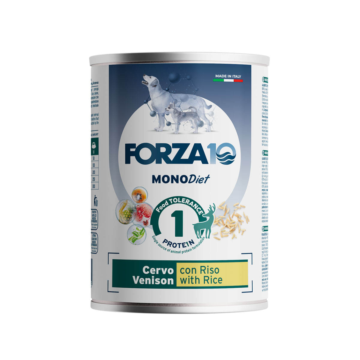 FORZA10 Monodiet, XS-XL, Căprioară și Orez, dietă veterinară, conservă hrană umedă monoproteică câini, alergii, (pate), 400g