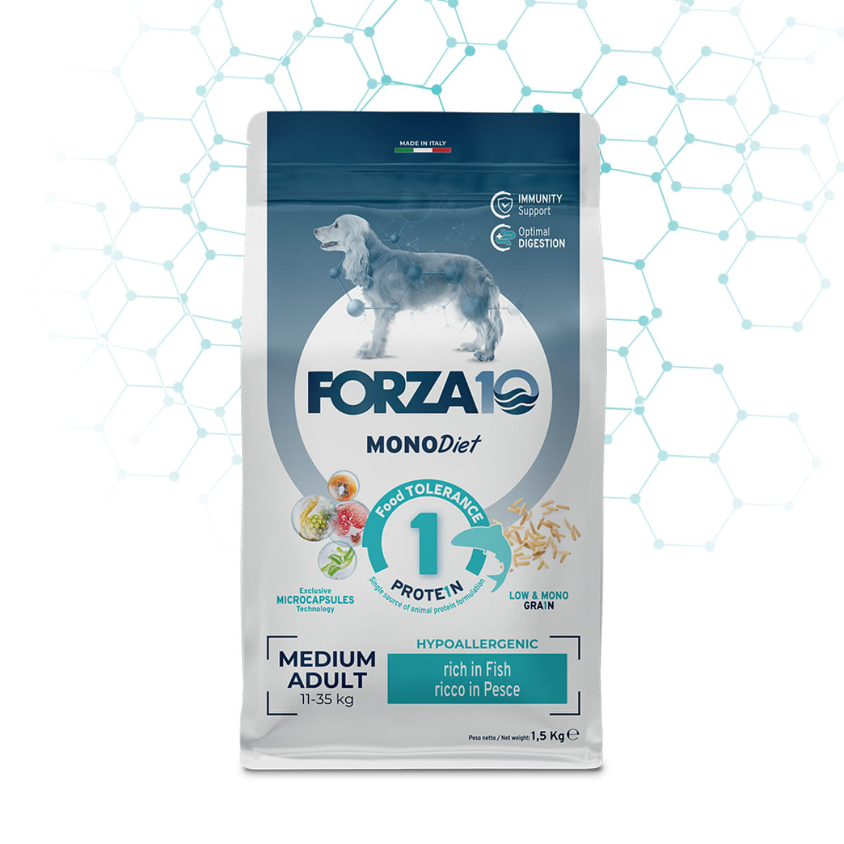 FORZA10 Monodiet Medium Adult, M, Pește, dietă veterinară, hrană uscată monoproteică câini, alergii, 12kg