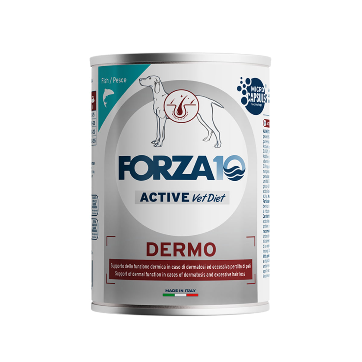 FORZA10 Active VetDiet Dermo, XS-XL, Pește, dietă veterinară, conservă hrană umedă monoproteică fără cereale câini, piele &amp; blană, (pate), 390g