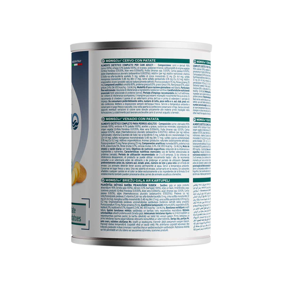 FORZA10 Monodiet, XS-XL, Căprioară și Cartofi, dietă veterinară, conservă hrană umedă monoproteică câini, alergii, (pate), 400g