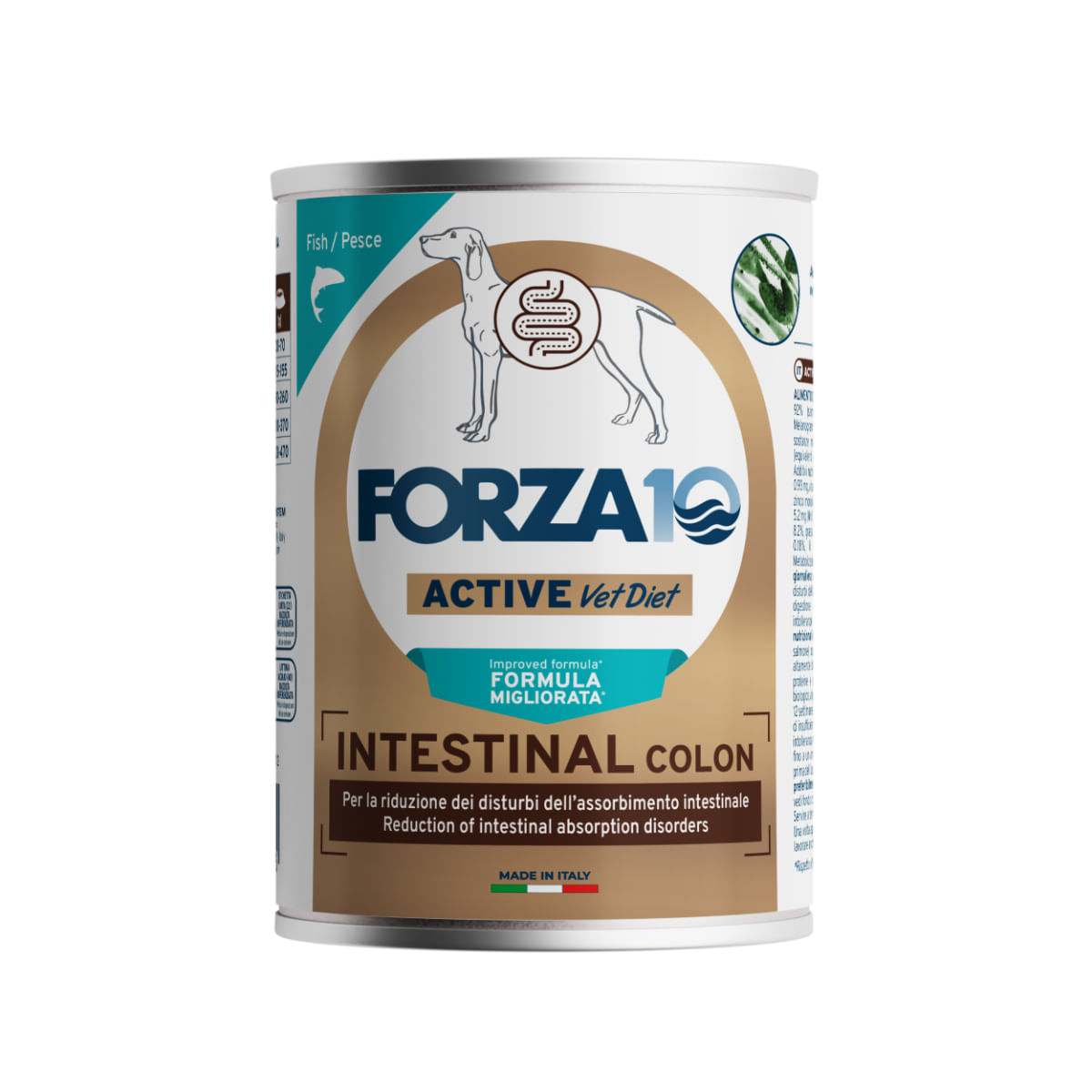 FORZA10 Active VetDiet Intestinal Colon, XS-XL, Pește, dietă veterinară, conservă hrană umedă fără cereale câini, sistem digestiv, (pate), 390g