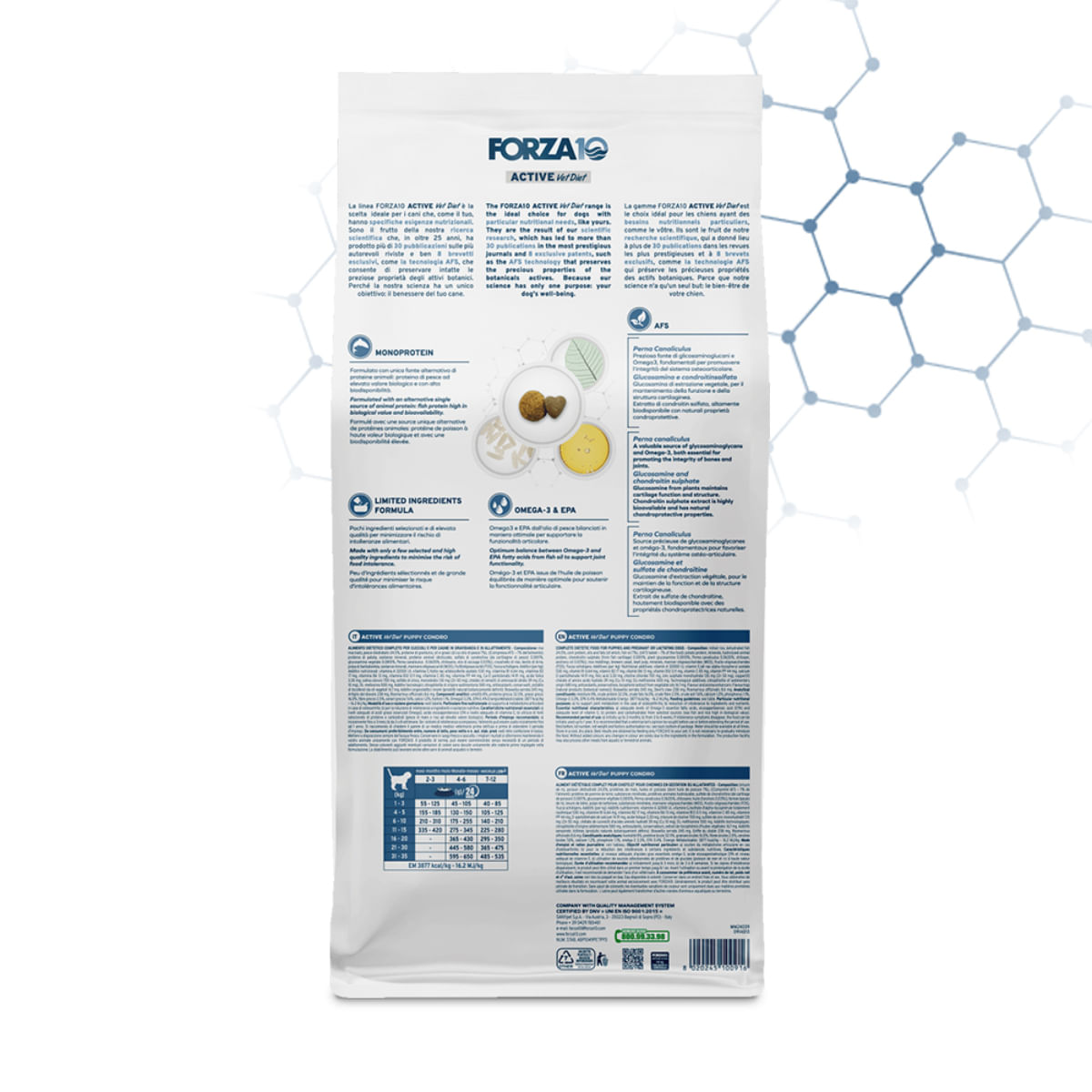 FORZA10 Active VetDiet Chondro Puppy, XS-XL, Pește, dietă veterinară, hrană uscată monoproteică câini junior, sistem articular, 10kg