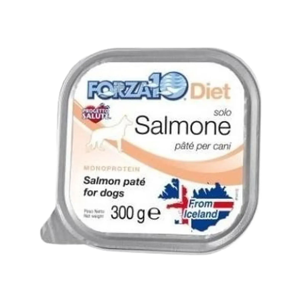 FORZA10 Monodiet Solo, XS-XL, Somon, dietă veterinară, tăviță hrană umedă monoproteică câini, alergii, (pate), 300g
