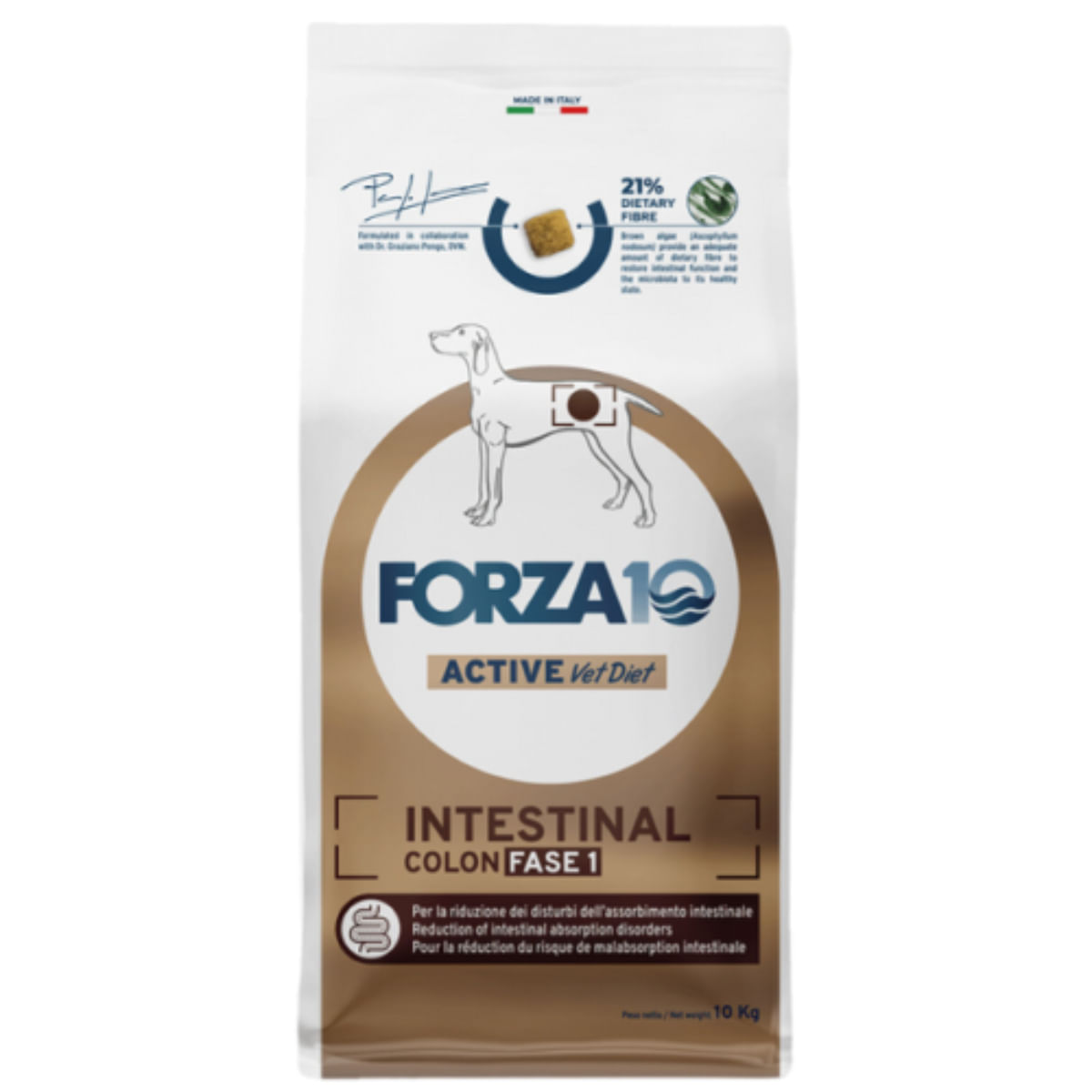FORZA10 Active VetDiet Intestinal Colon Fase 1, XS-XL, Pește, dietă veterinară, hrană uscată monoproteică câini, sistem digestiv, 10kg