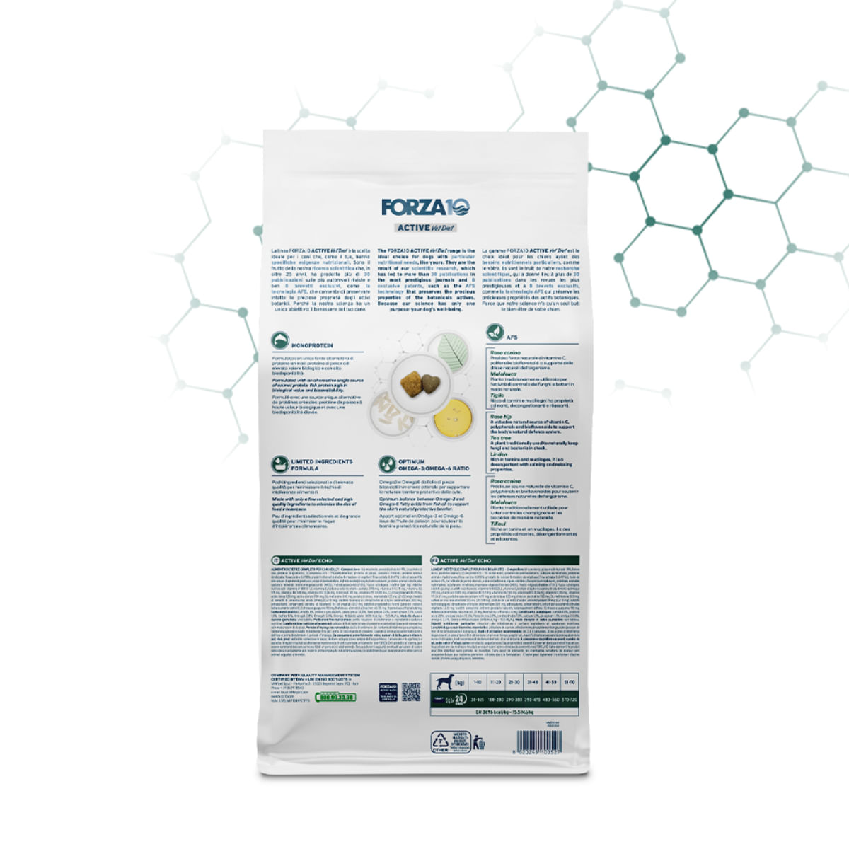 FORZA10 Active VetDiet Echo Active, XS-XL, Pește, dietă veterinară, hrană uscată monoproteică câini, alergii, 10kg