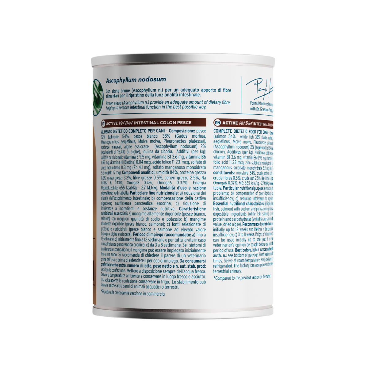 FORZA10 Active VetDiet Intestinal Colon, XS-XL, Pește, dietă veterinară, conservă hrană umedă fără cereale câini, sistem digestiv, (pate), 390g