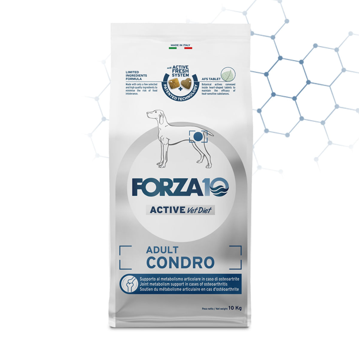 FORZA10 Active VetDiet Chondro, XS-XL, Pește, dietă veterinară, hrană uscată monoproteică câini, sistem articular, 10kg