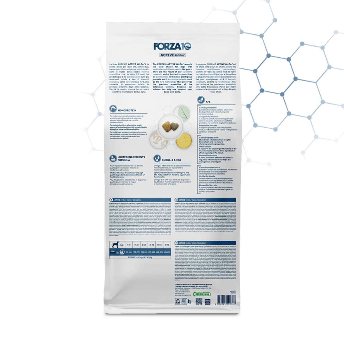 FORZA10 Active VetDiet Chondro, XS-XL, Pește, dietă veterinară, hrană uscată monoproteică câini, sistem articular, 10kg