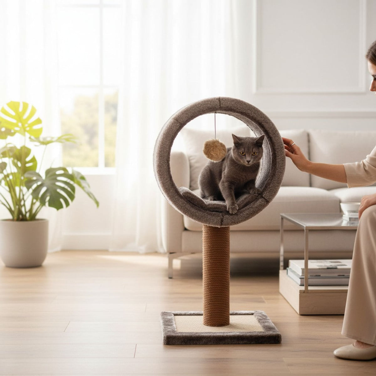 SHAW Bordo, ansamblu de joacă pisici, 1 etaj, MDF și pluș, elemente de zgâriat, elemente atârnate, maro, 42x42x90cm