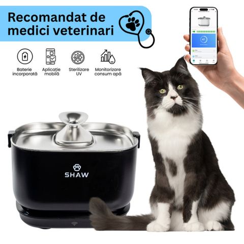 SHAW PRO V3 Smart, fântână câini și pisici, dreptunghiulară, senzor, aplicație mobilă, sistem filtrare, PVC, negru, 2.5l