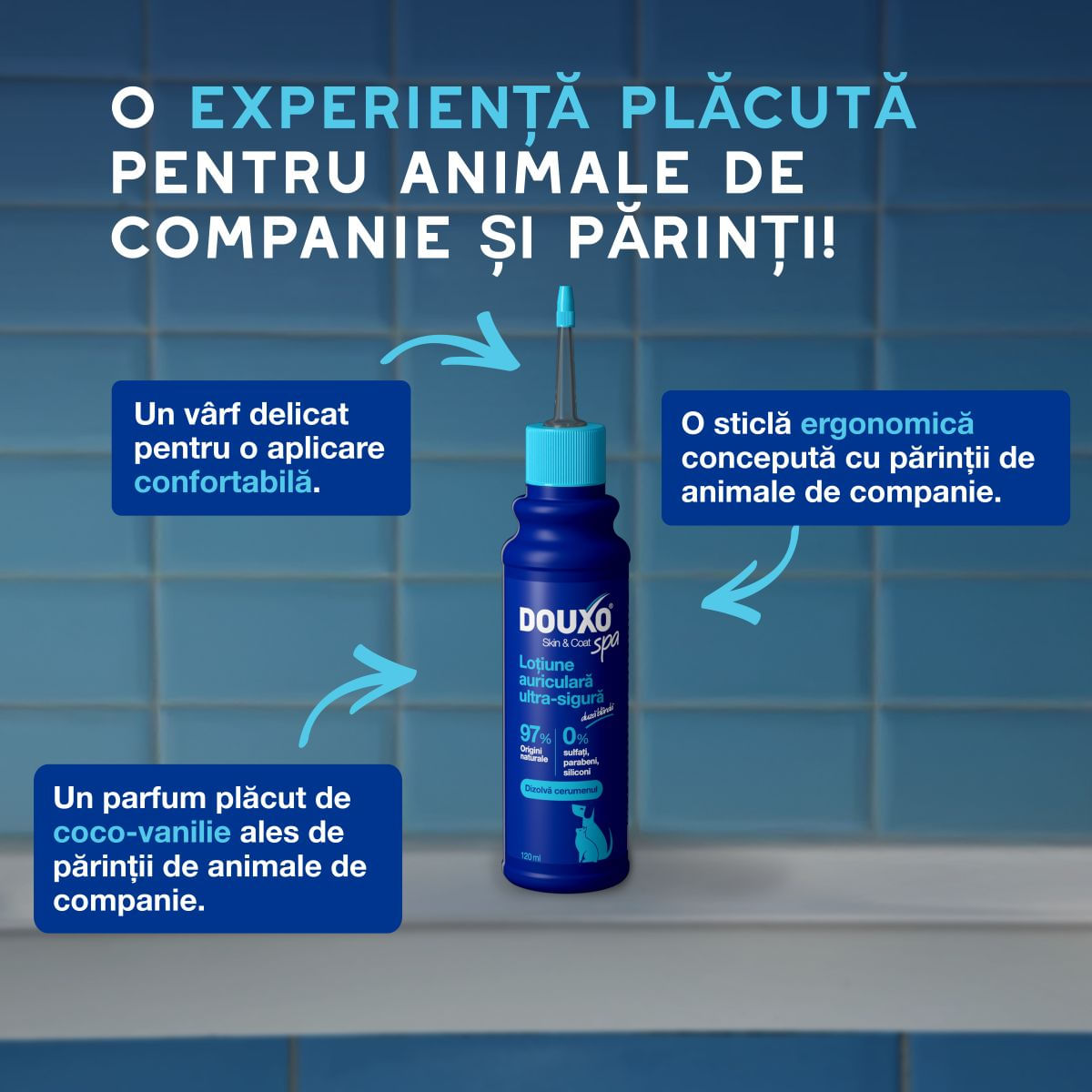 DOUXO SPA Ear Cleaner dewaxing, soluție igiena urechilor câini și pisici, hidratantă, hipoalergenică, flacon cu aplicator, 120ml