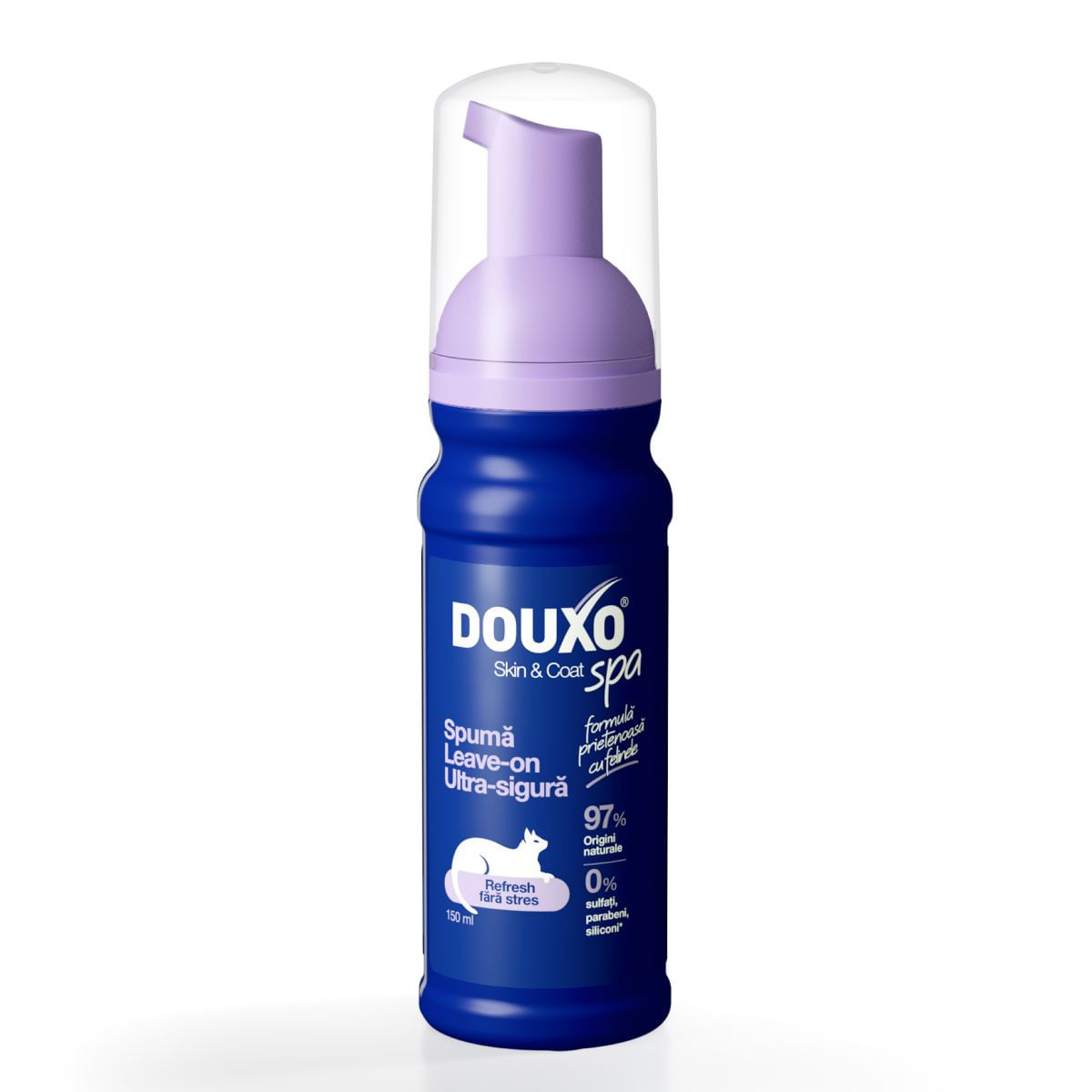 DOUXO SPA Low-Stress Refresh Mousse, șampon spumă pisici, fără clătire, hidratantă, Vanilie și Nucă de cocos, flacon cu aplicator, 150ml