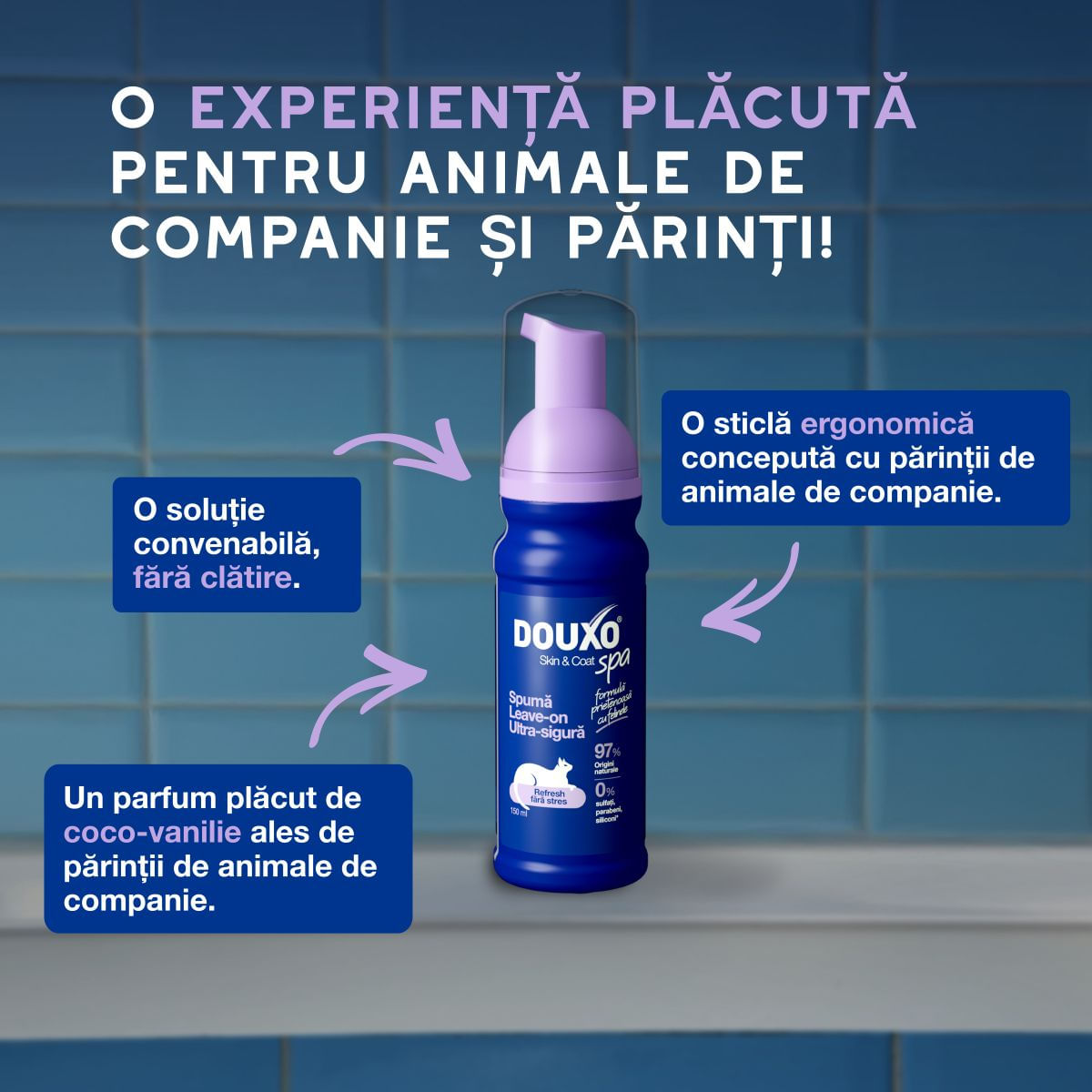 DOUXO SPA Low-Stress Refresh Mousse, șampon spumă pisici, fără clătire, hidratantă, Vanilie și Nucă de cocos, flacon cu aplicator, 150ml