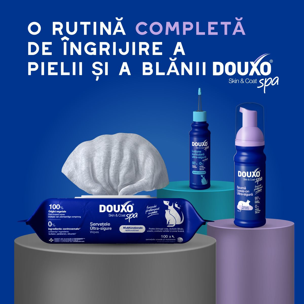 DOUXO SPA Low-Stress Refresh Mousse, șampon spumă pisici, fără clătire, hidratantă, Vanilie și Nucă de cocos, flacon cu aplicator, 150ml