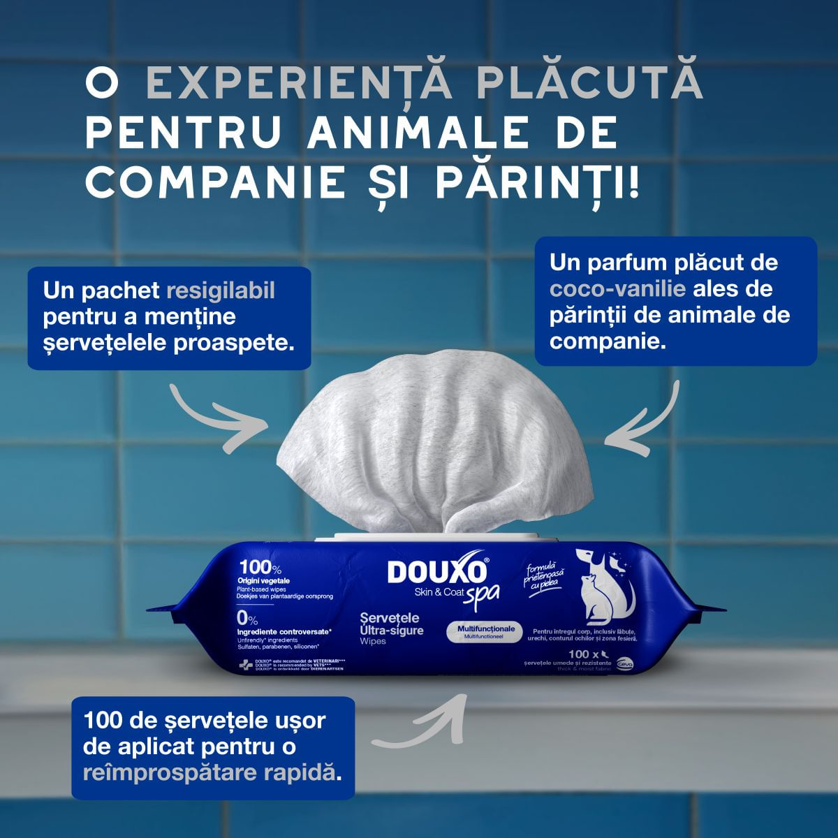 DOUXO SPA Multipurpose , șervețele umede câini și pisici, hipoalergenice, Vanilie și Nucă de cocos, resigilabil, 100buc - imagine 6